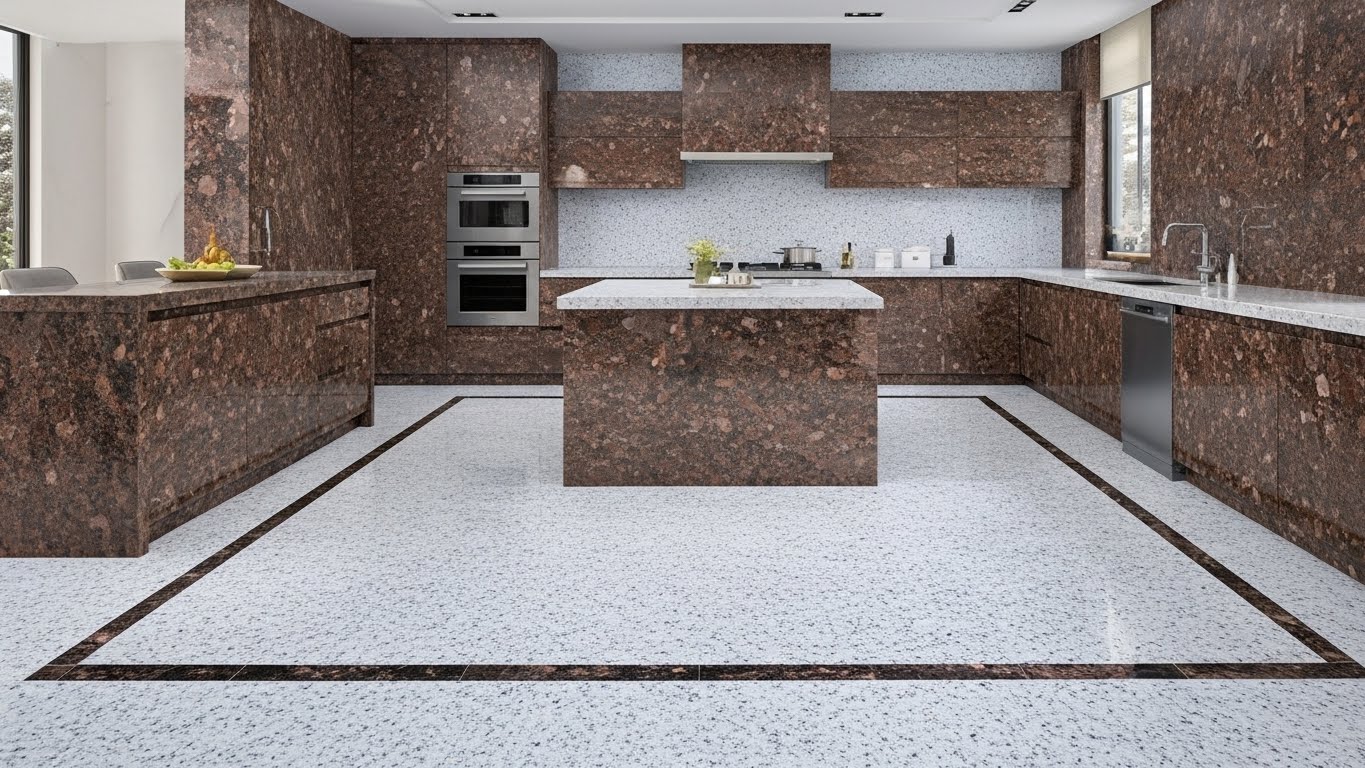 Granite flooring in kitchen and dining