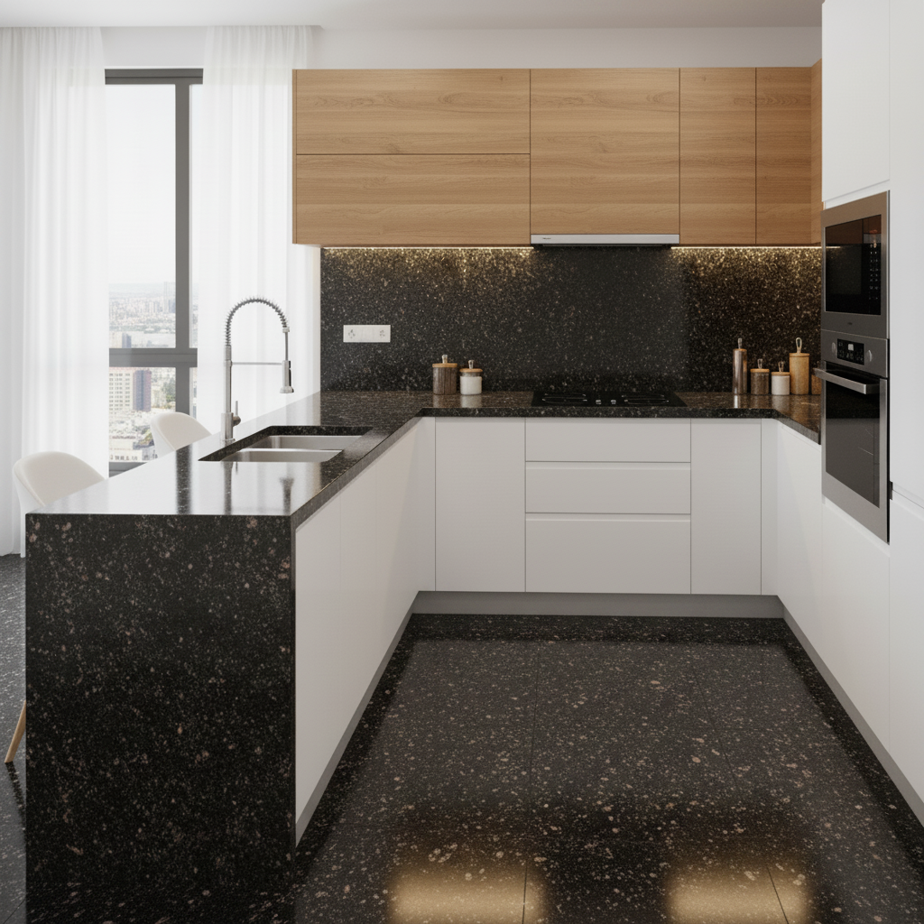 Z Black Galaxy granite kitchen countertop installation with modern modular cabinets India