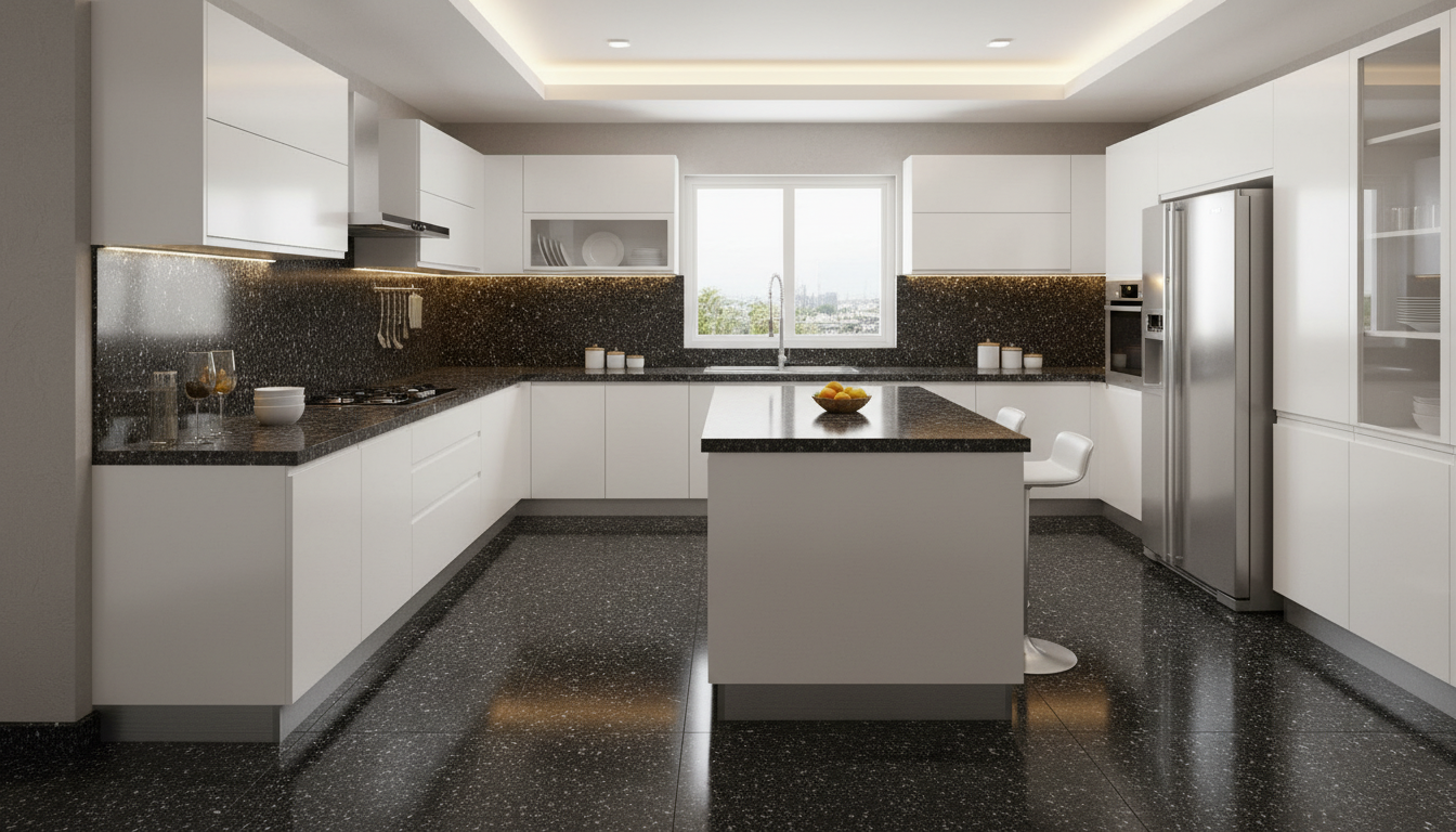 Z Black Galaxy granite kitchen countertop with white modular cabinets India