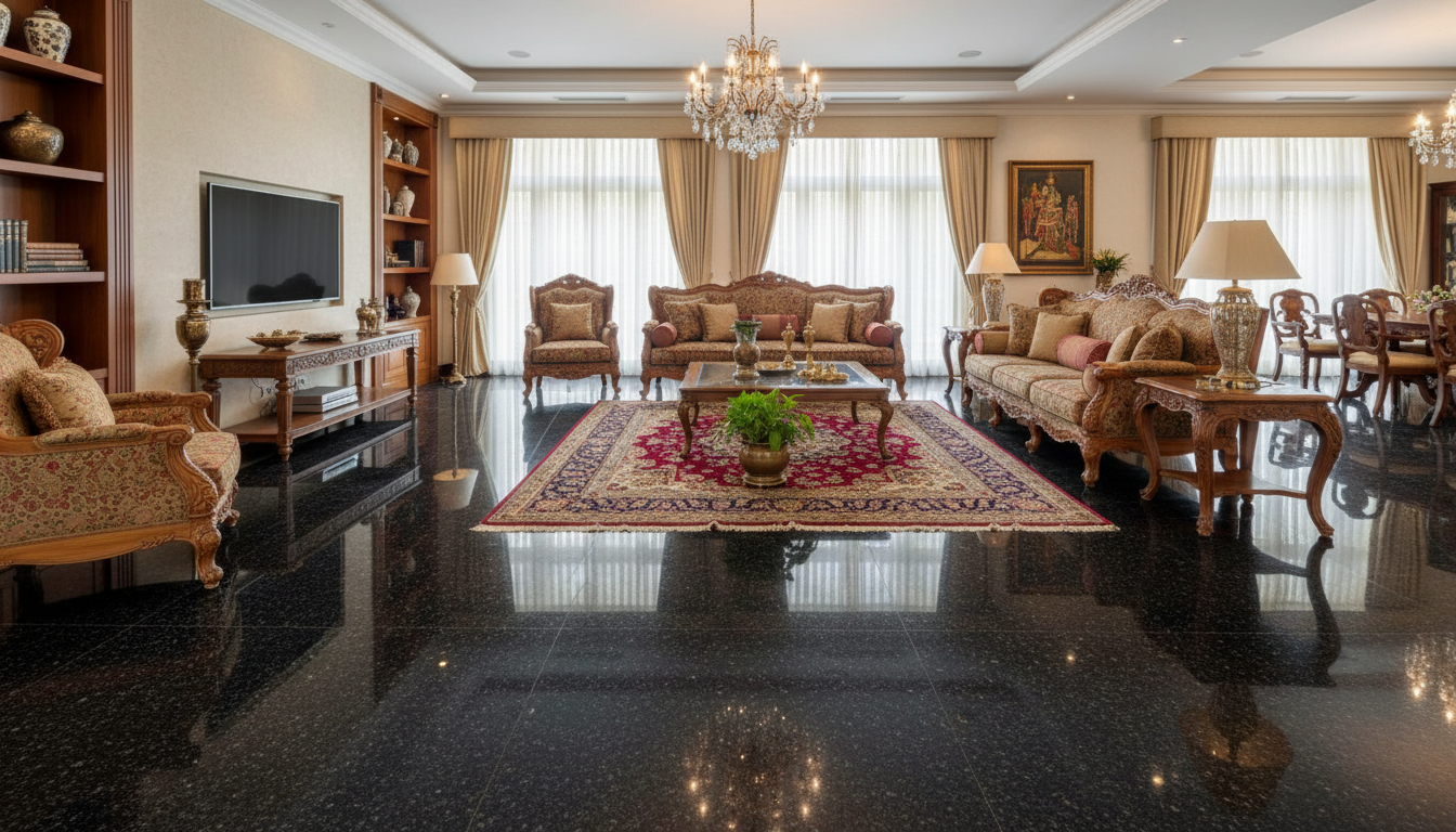 Z Black Galaxy granite polished flooring in Indian living room large tiles