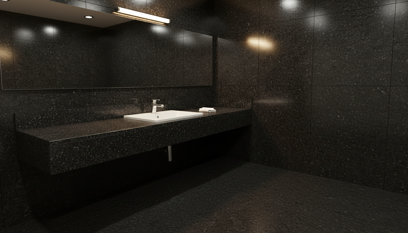 Z Black granite bathroom vanity countertop and floor tiles dark luxury design