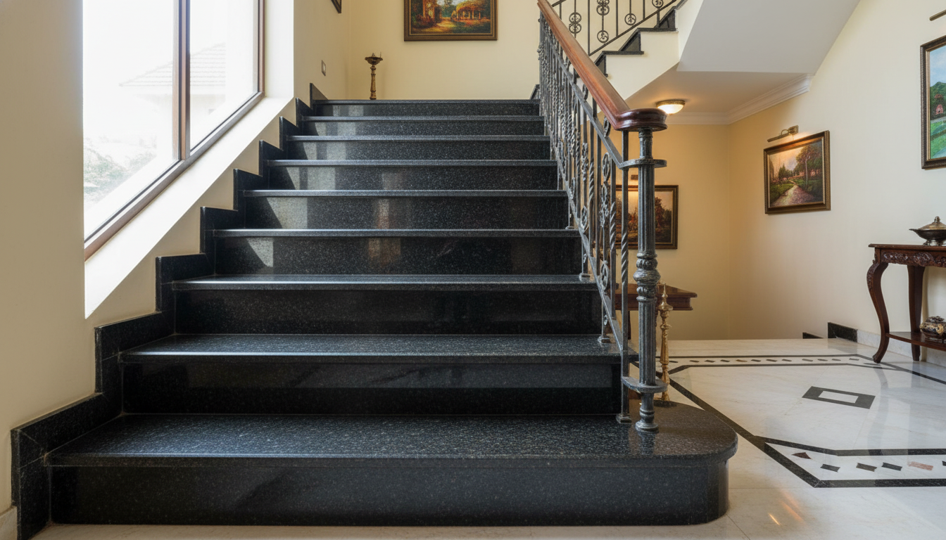 Z Black granite polished staircase riser and tread in residential building India