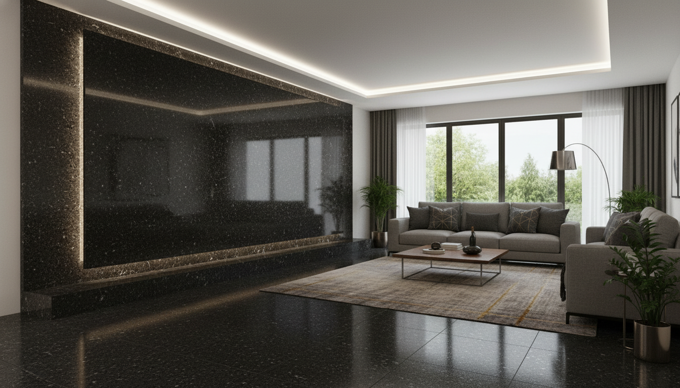 Z Black granite wall cladding accent feature wall in modern living room India