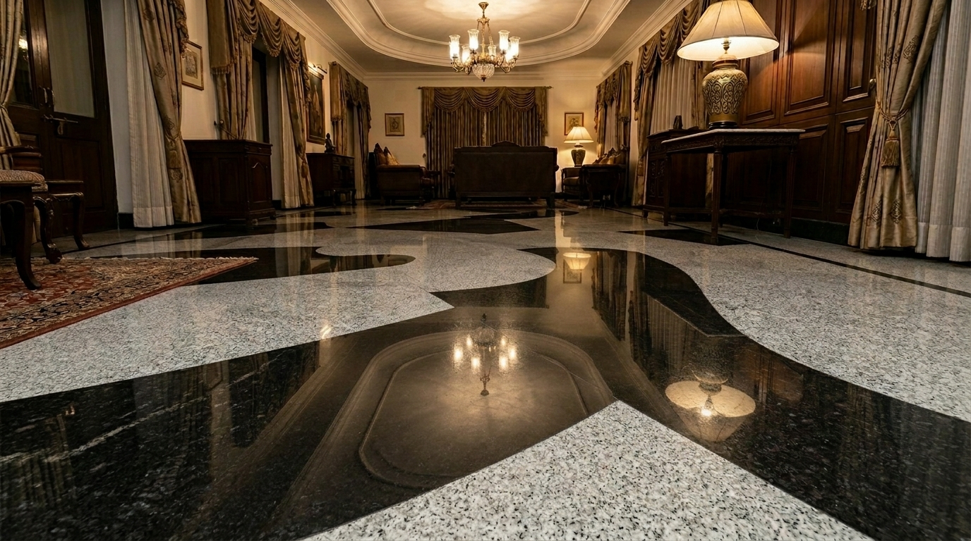 Classic Black and White Checkered Granite Flooring