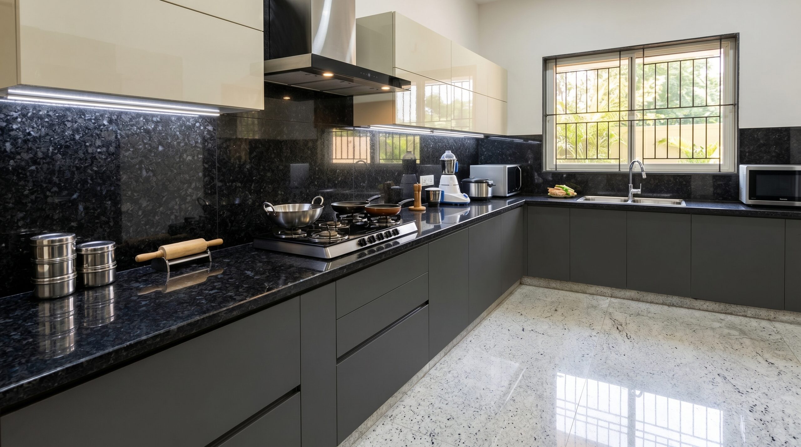 Granite stone for kitchen countertop India 2026 — polished black granite with modular cabinets