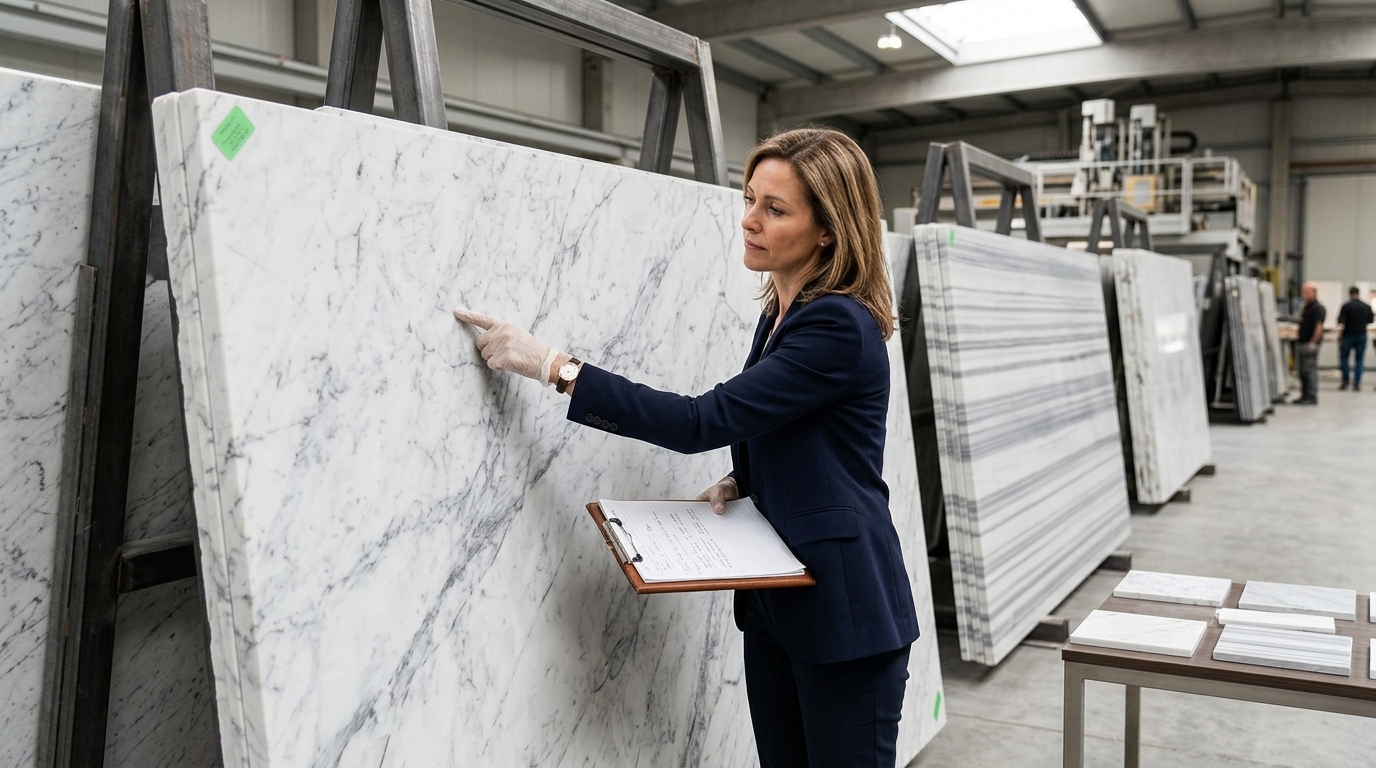 Buyer inspecting complete marble slabs before approving a stone lot