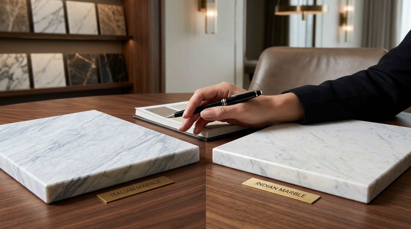 Italian and Indian marble samples compared during a design consultation