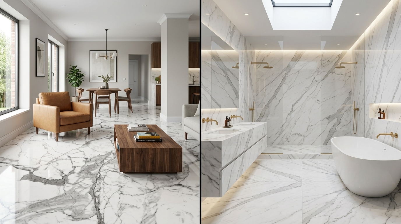 Indian Morwad White marble application in a living room and bathroom