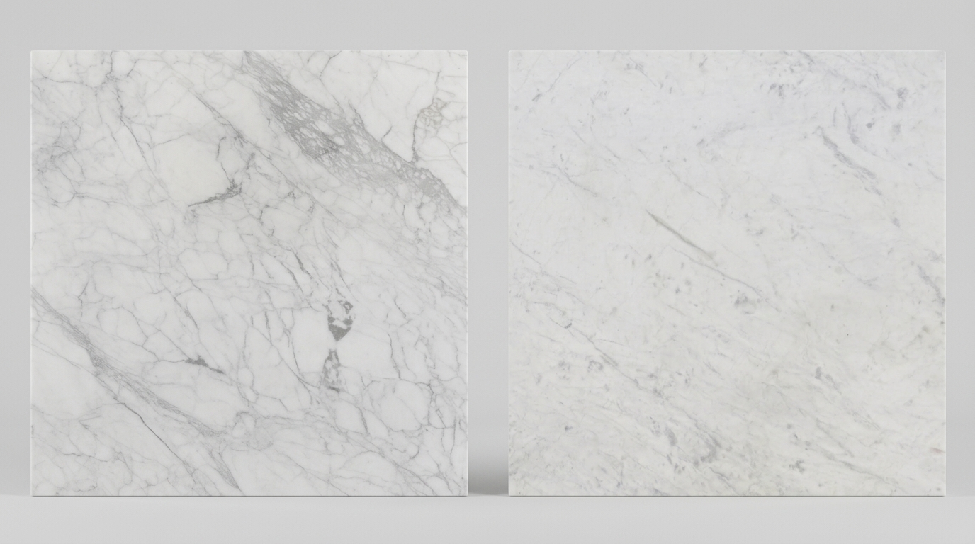 Italian Statuario style marble and Indian Makrana style white marble slabs compared side by side