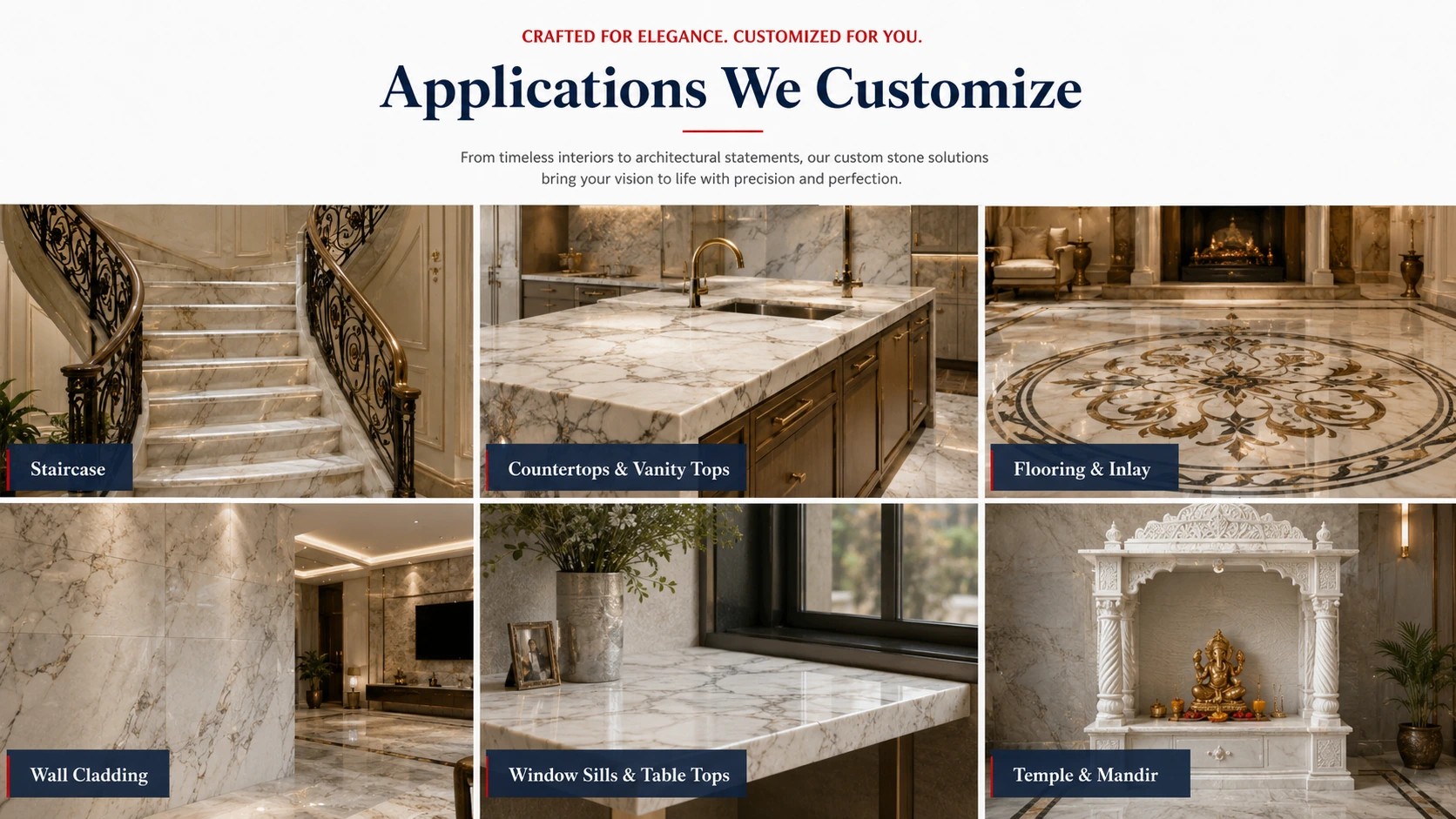 Custom stone applications including marble staircase, countertops, flooring inlay, wall cladding, window sills and marble mandir