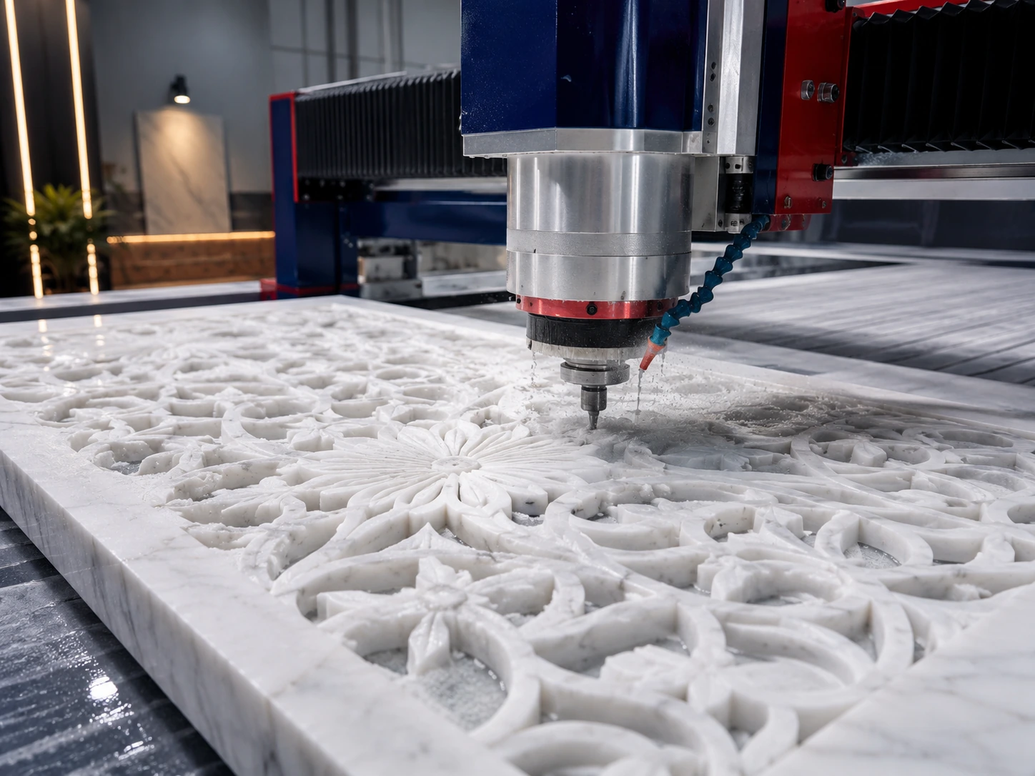 CNC machine carving a detailed natural stone panel
