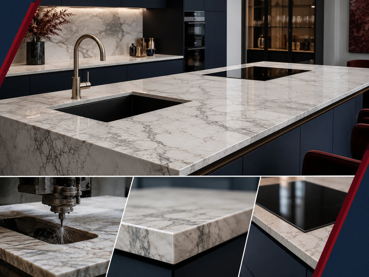 Custom marble kitchen countertop, island and vanity fabrication