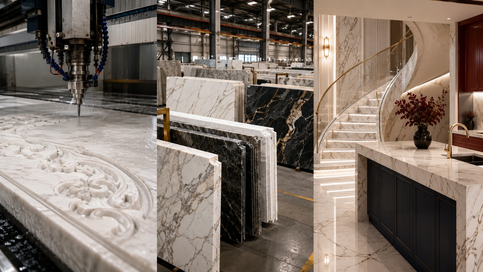 CNC stone carving, marble mandir, carved jali and custom stone edge profiles at a processing plant