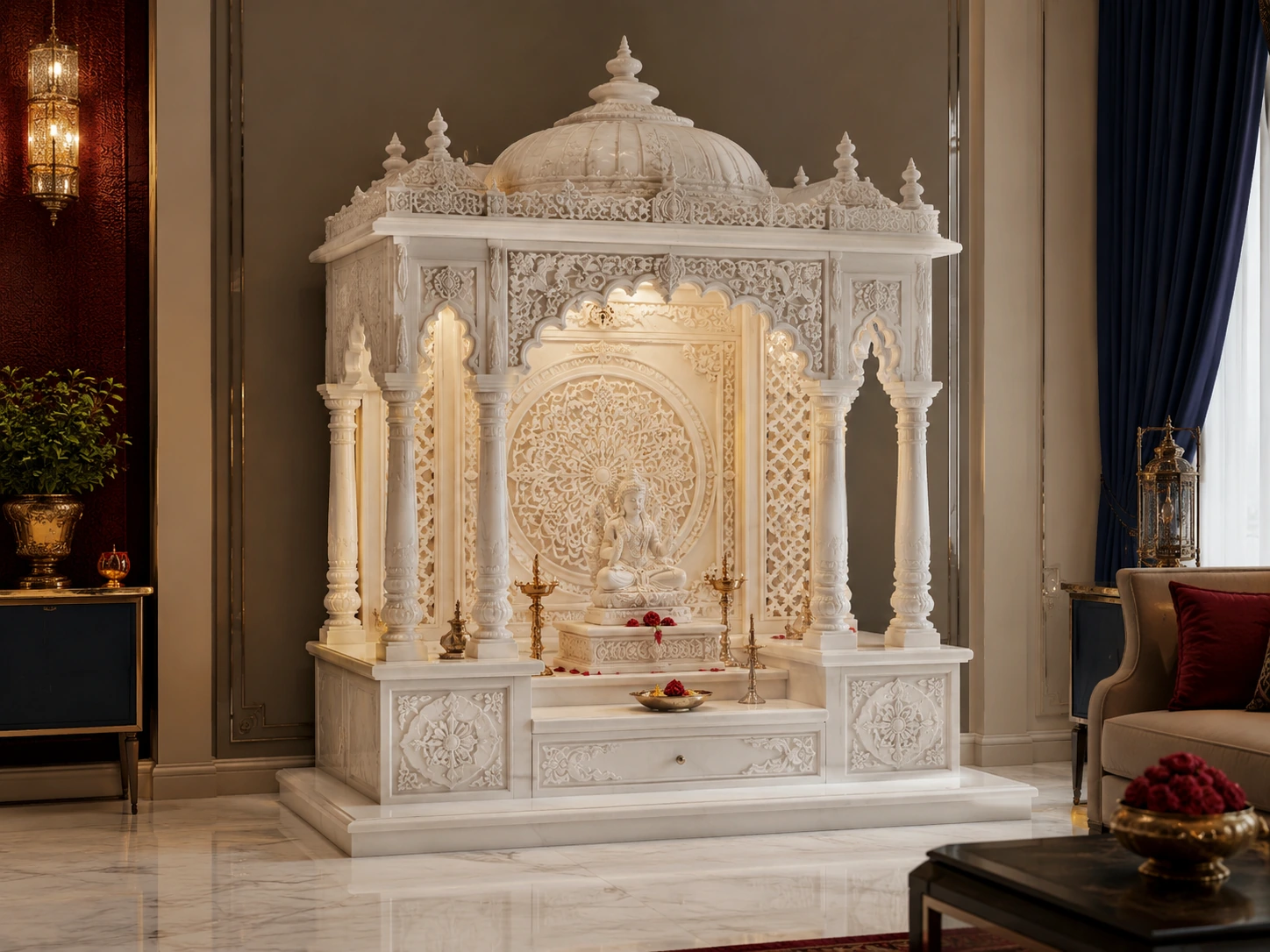 Made-to-order carved white marble mandir