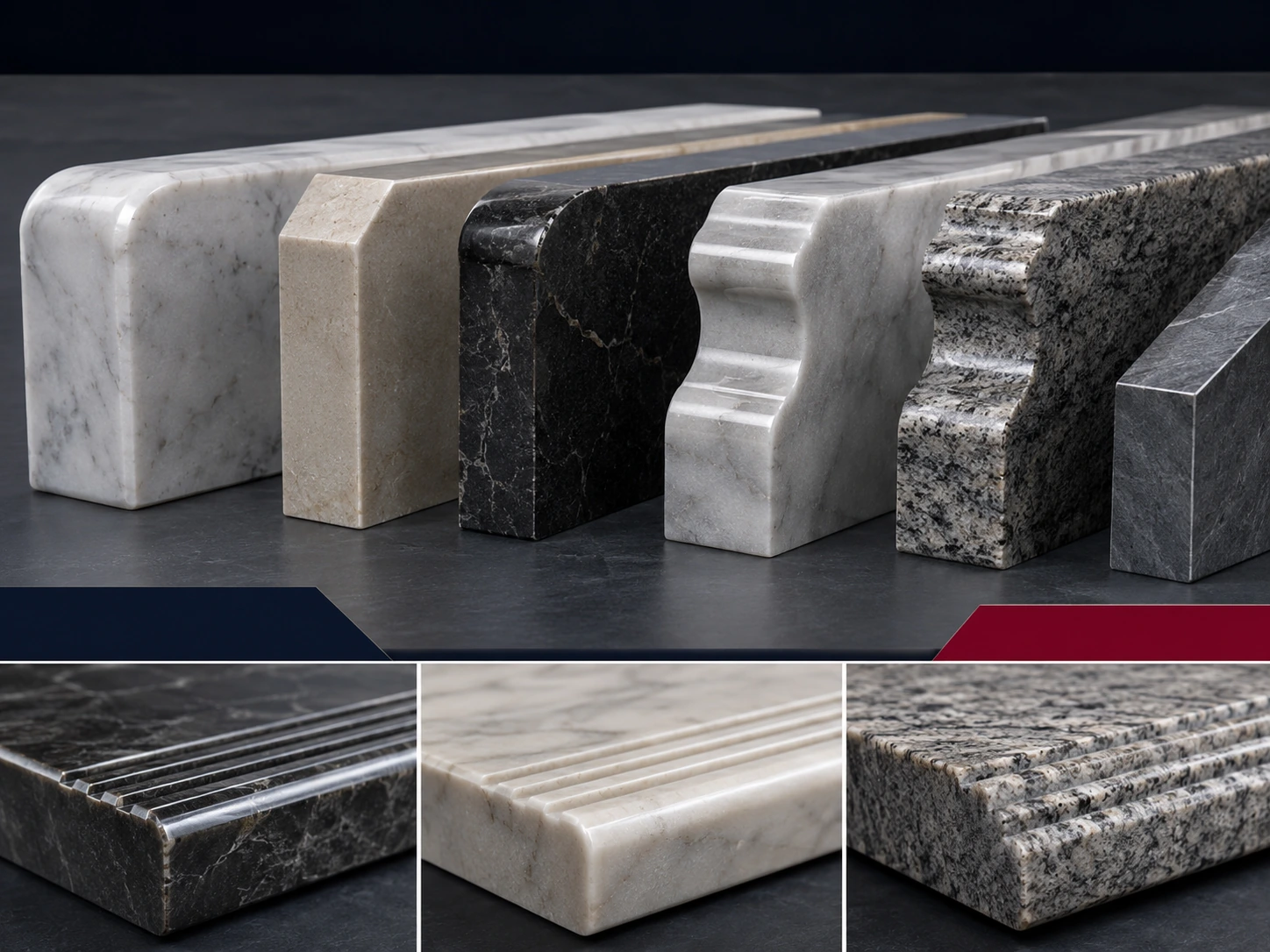 Custom stone edge profiles, mouldings, grooves and architectural details