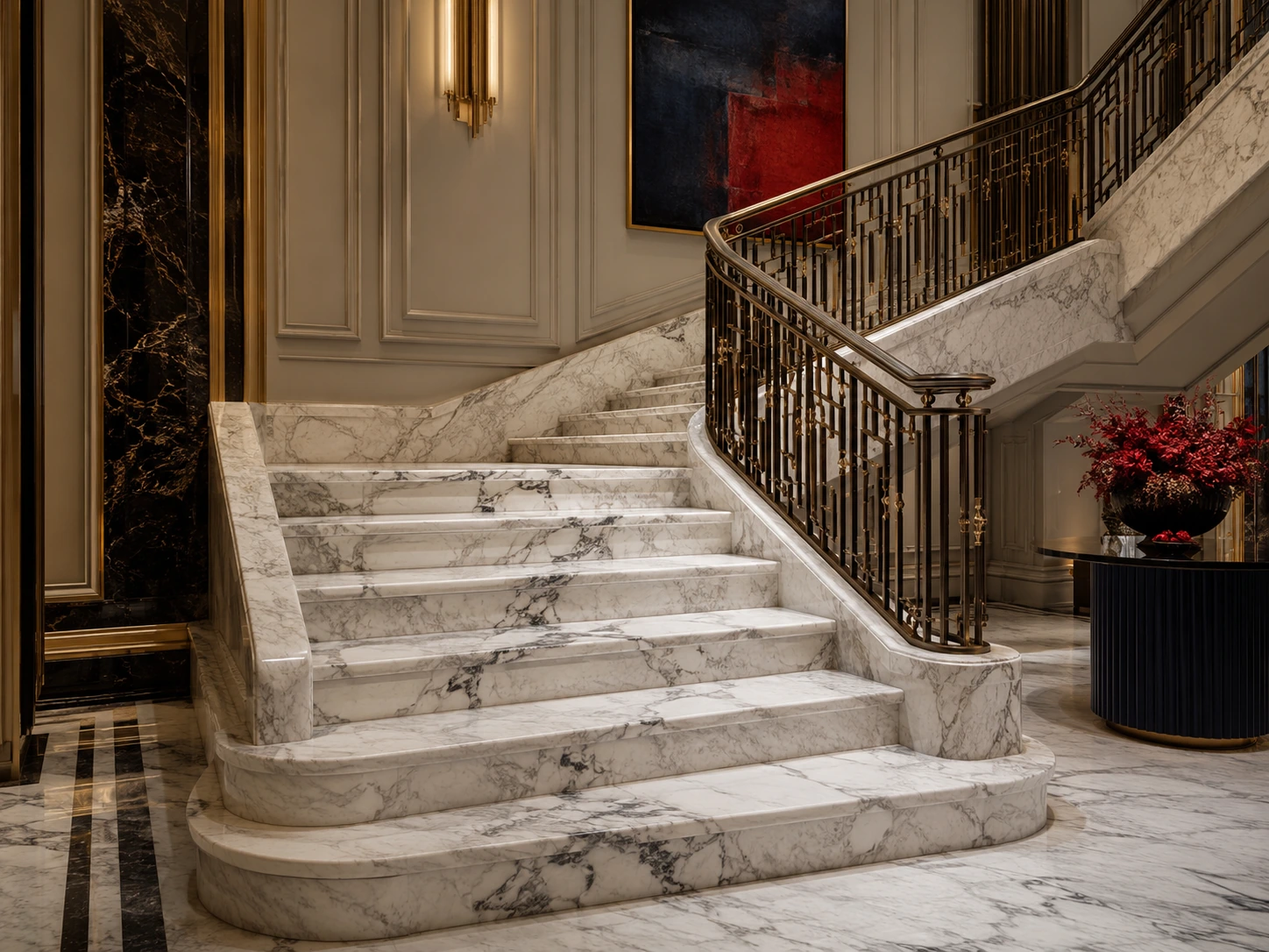 Custom marble staircase treads, risers and landings