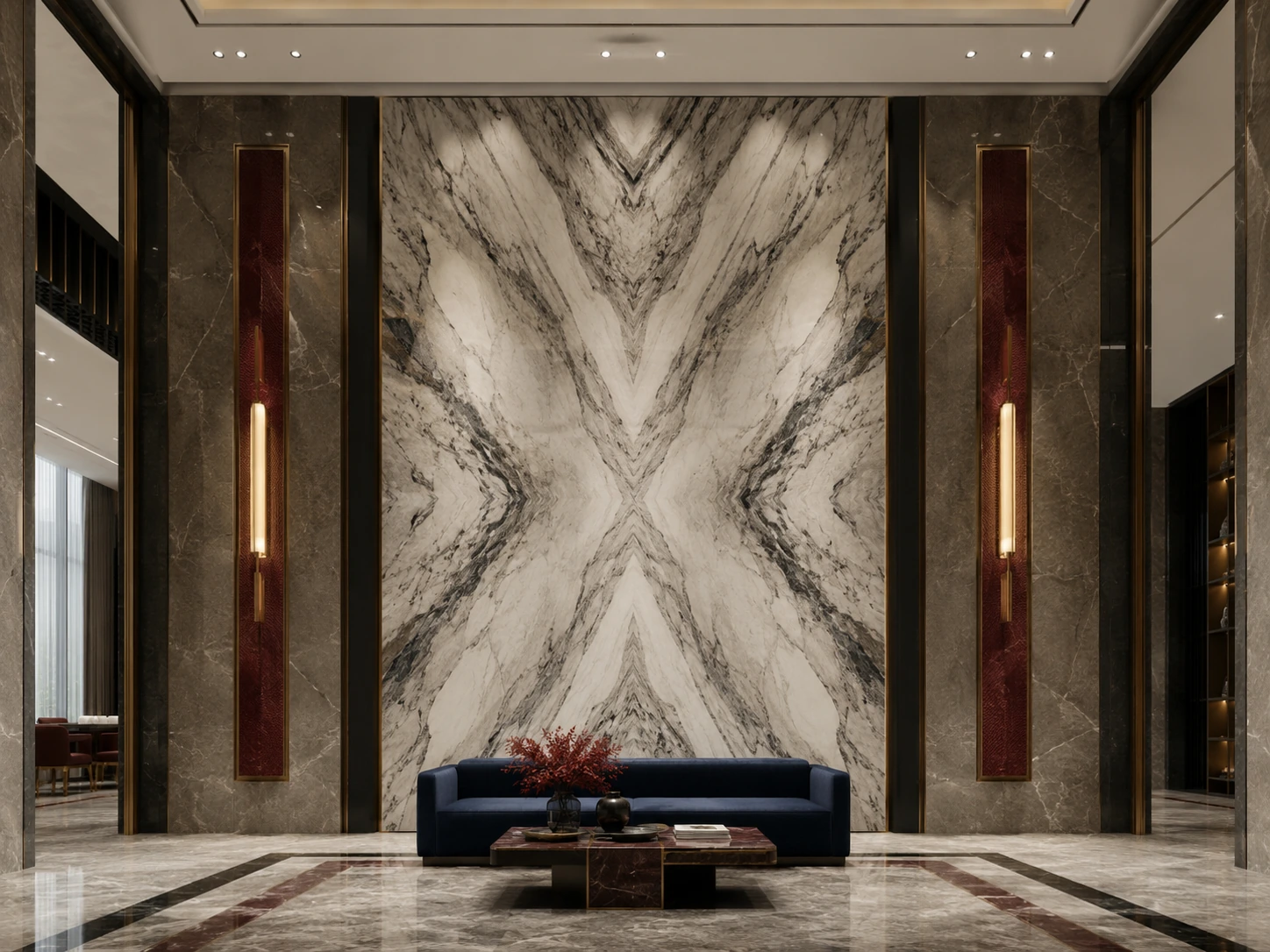 Custom marble wall cladding and book-matched panels
