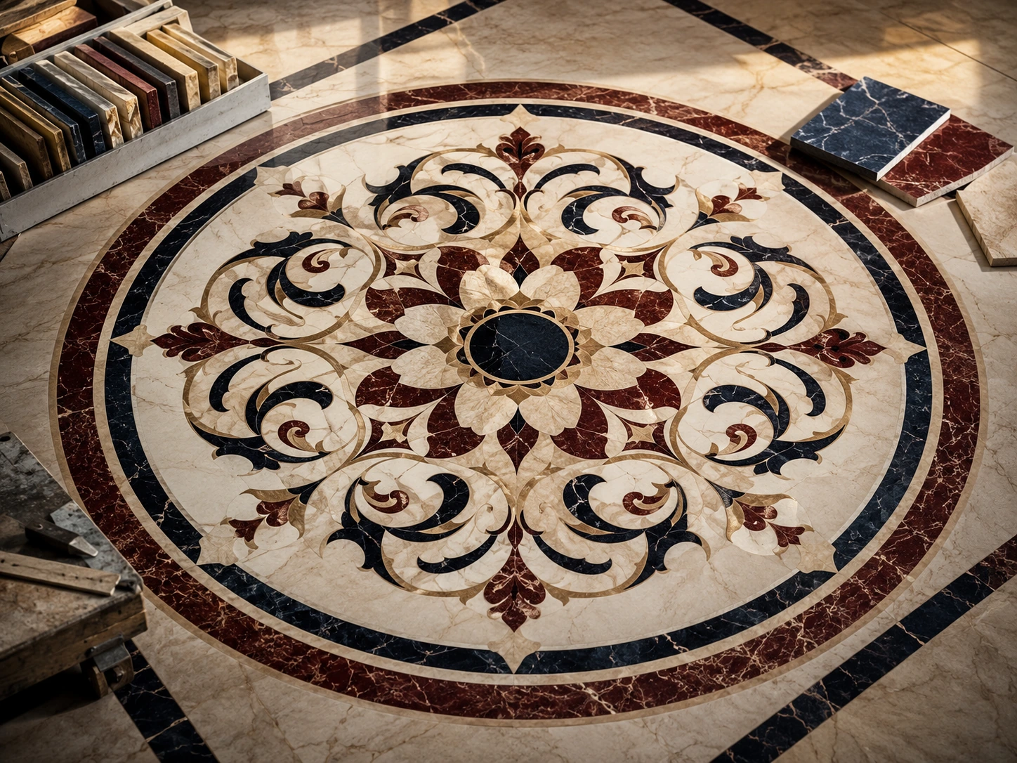 Waterjet-cut marble and granite flooring medallion and inlay work
