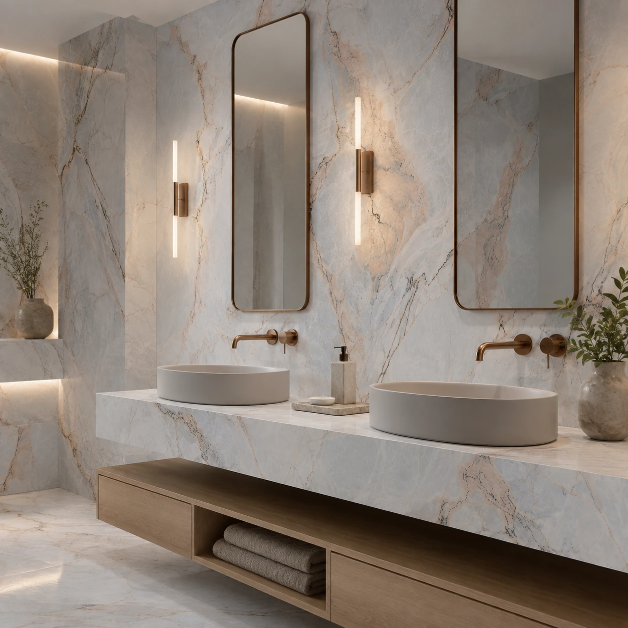 Michelangelo marble installed in a luxury double-vanity bathroom