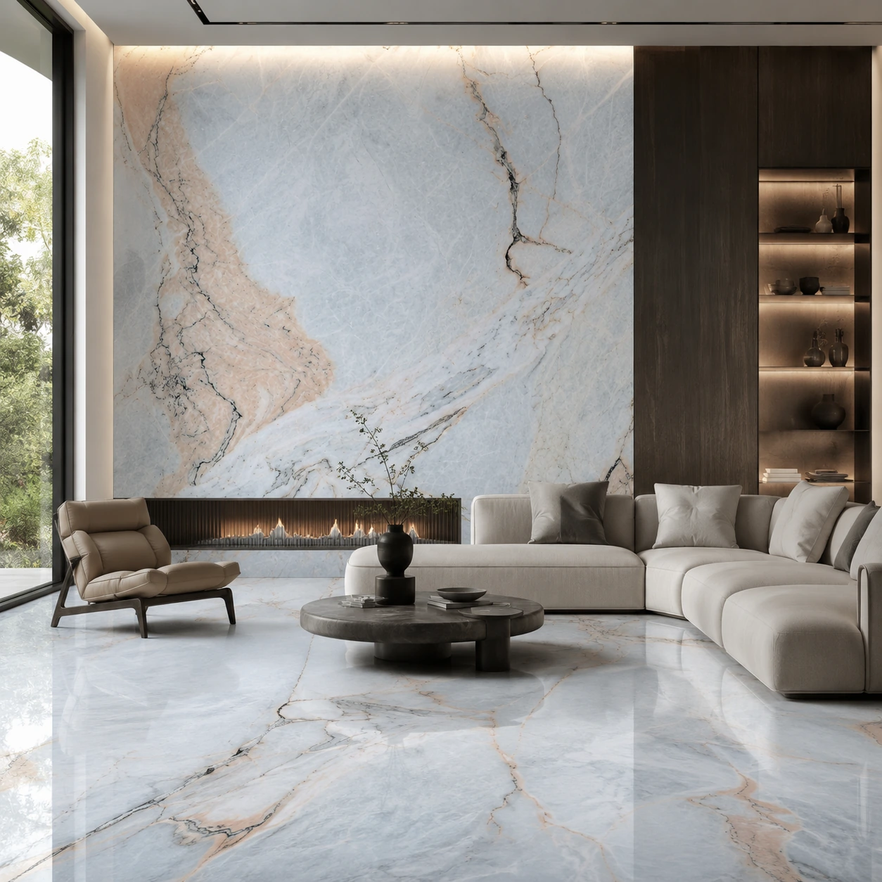 Michelangelo marble used in a luxury living room floor and feature wall