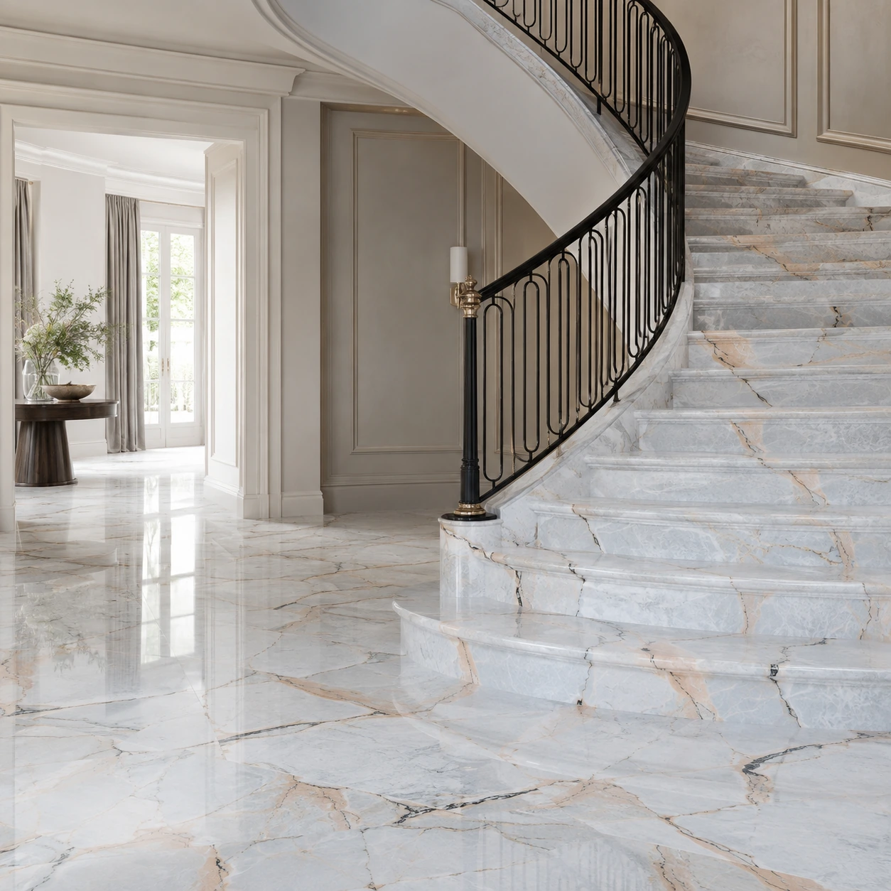 Michelangelo marble used on a luxury curved staircase and foyer floor