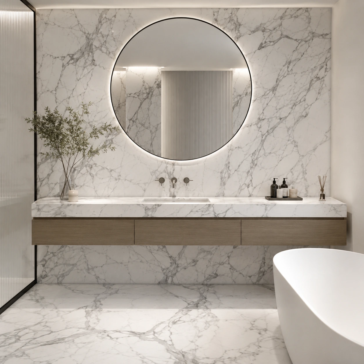 Statuario marble installed in a premium bathroom vanity and wall application