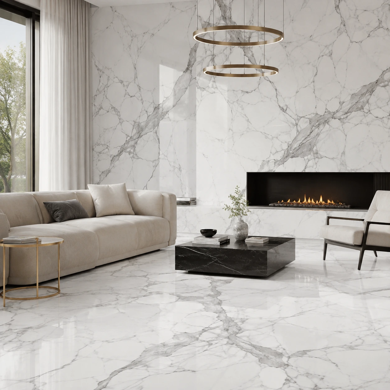 Statuario marble used in a premium living room floor and fireplace wall