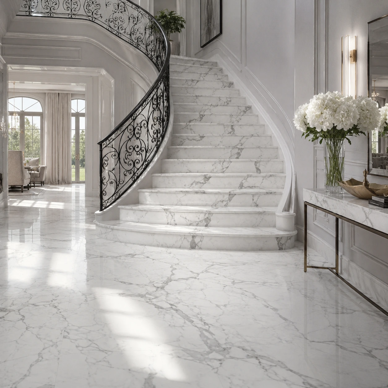 Statuario marble installed on a luxury sweeping staircase and grand foyer