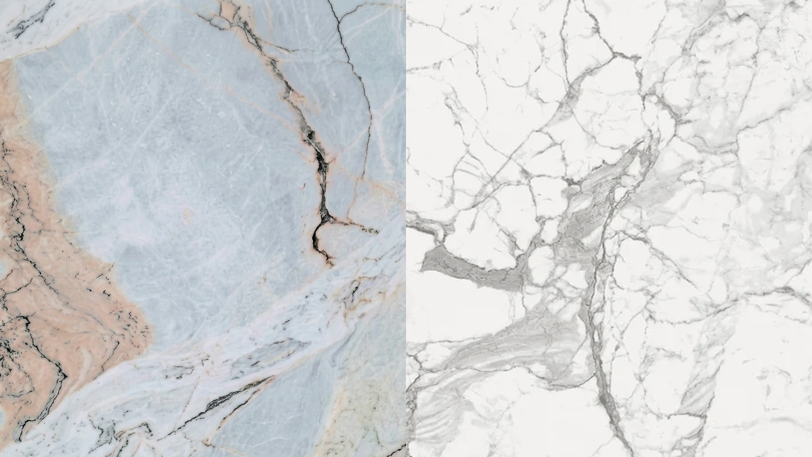 Side-by-side slab comparison of Michelangelo marble on the left and Statuario marble on the right