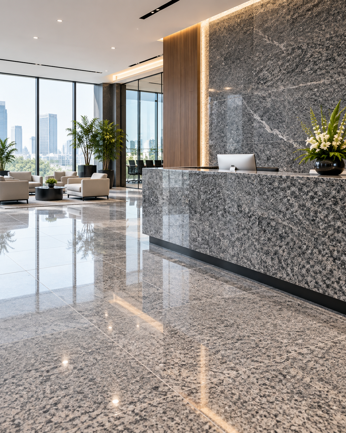 Granite flooring and reception desk in a modern commercial office