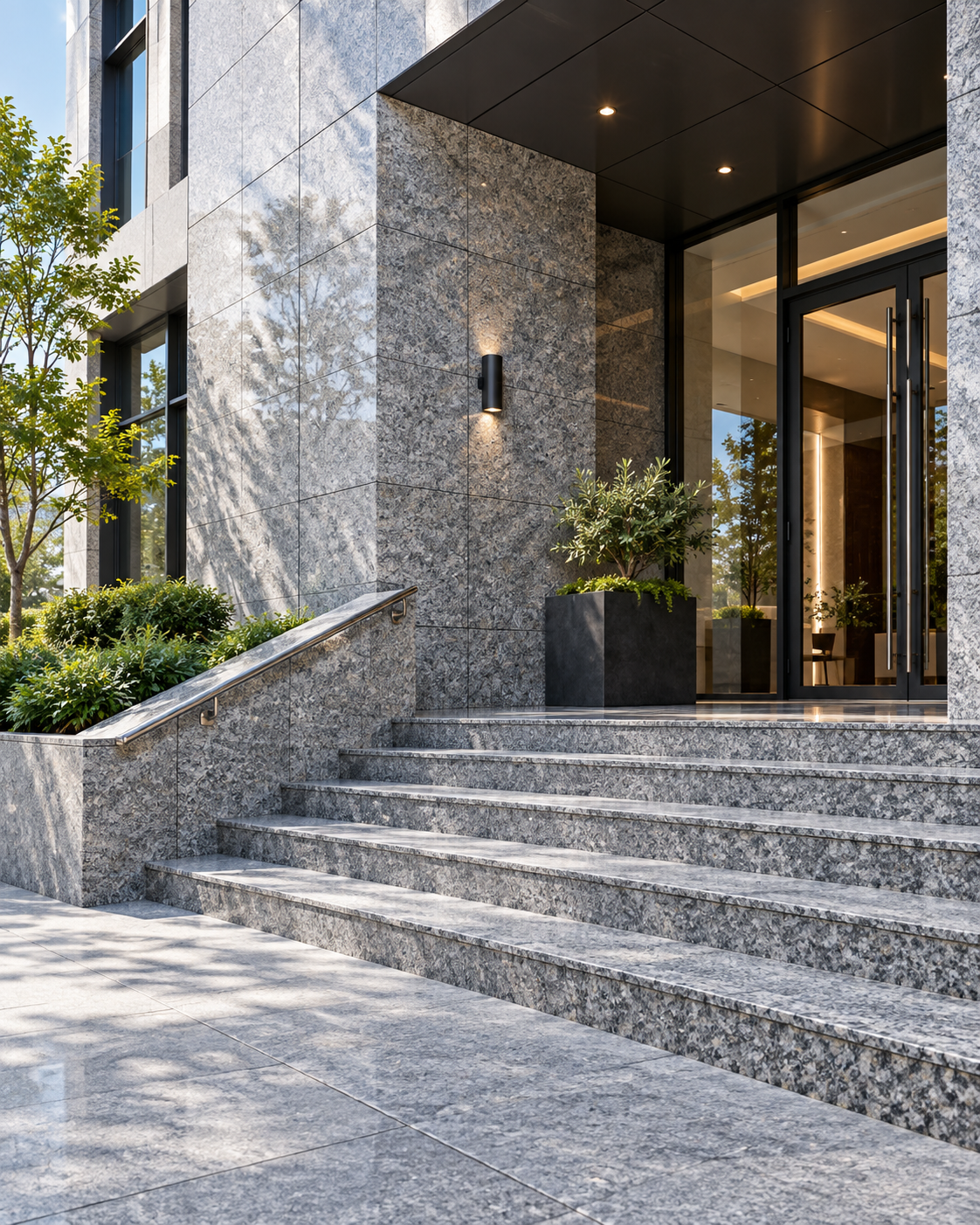 Granite exterior wall cladding and staircase at a modern building entrance