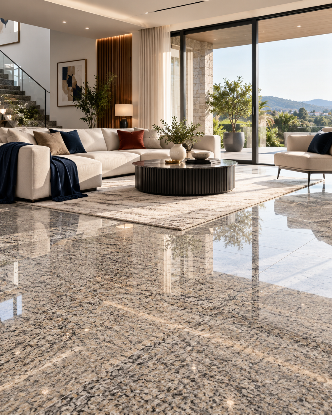 Polished granite flooring in a modern home and villa interior