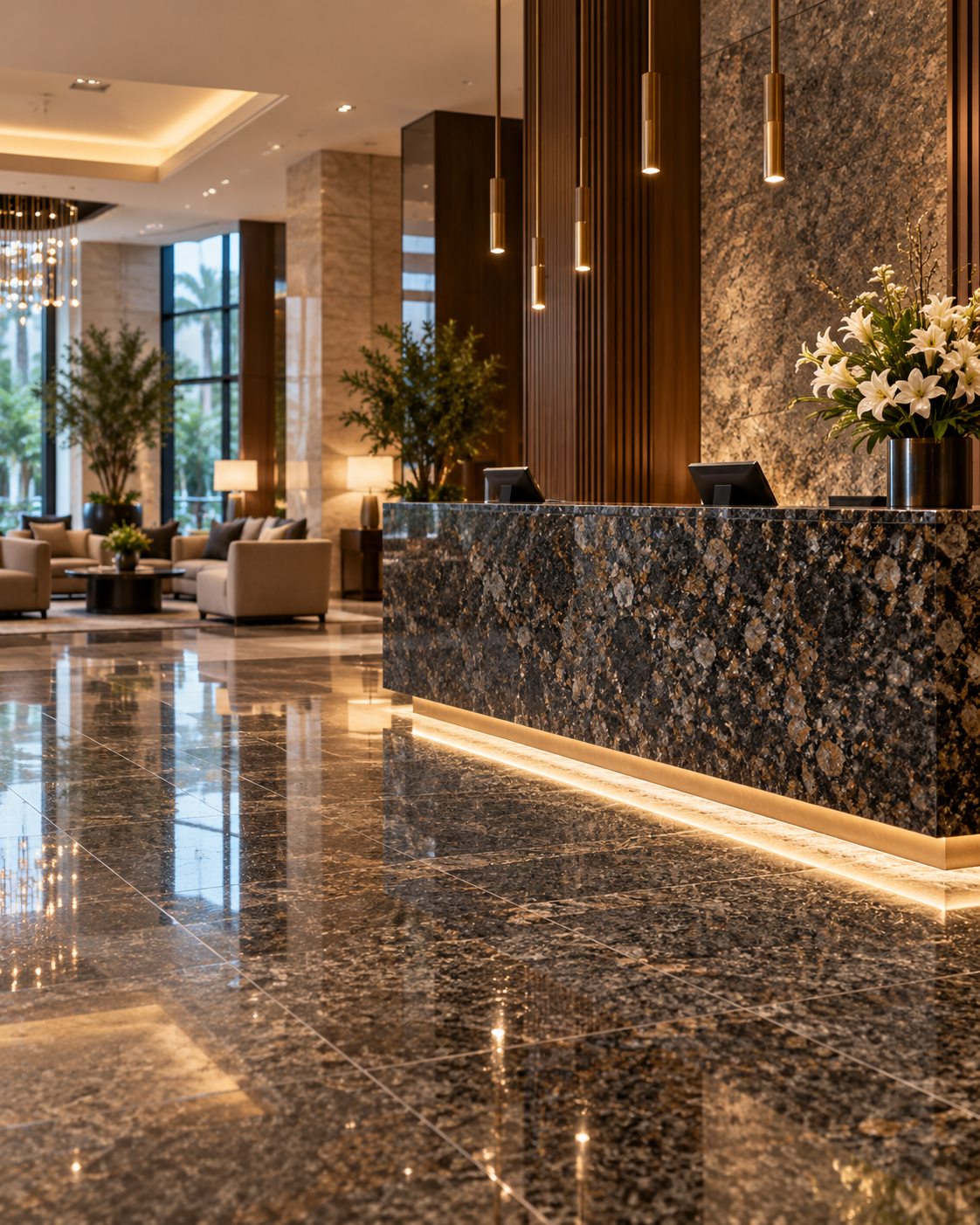 Granite reception counter and flooring in a premium hotel lobby
