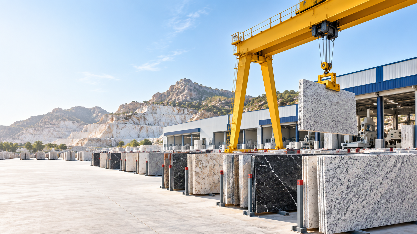 Granite slabs in a large natural stone yard representing Kishangarh granite sourcing